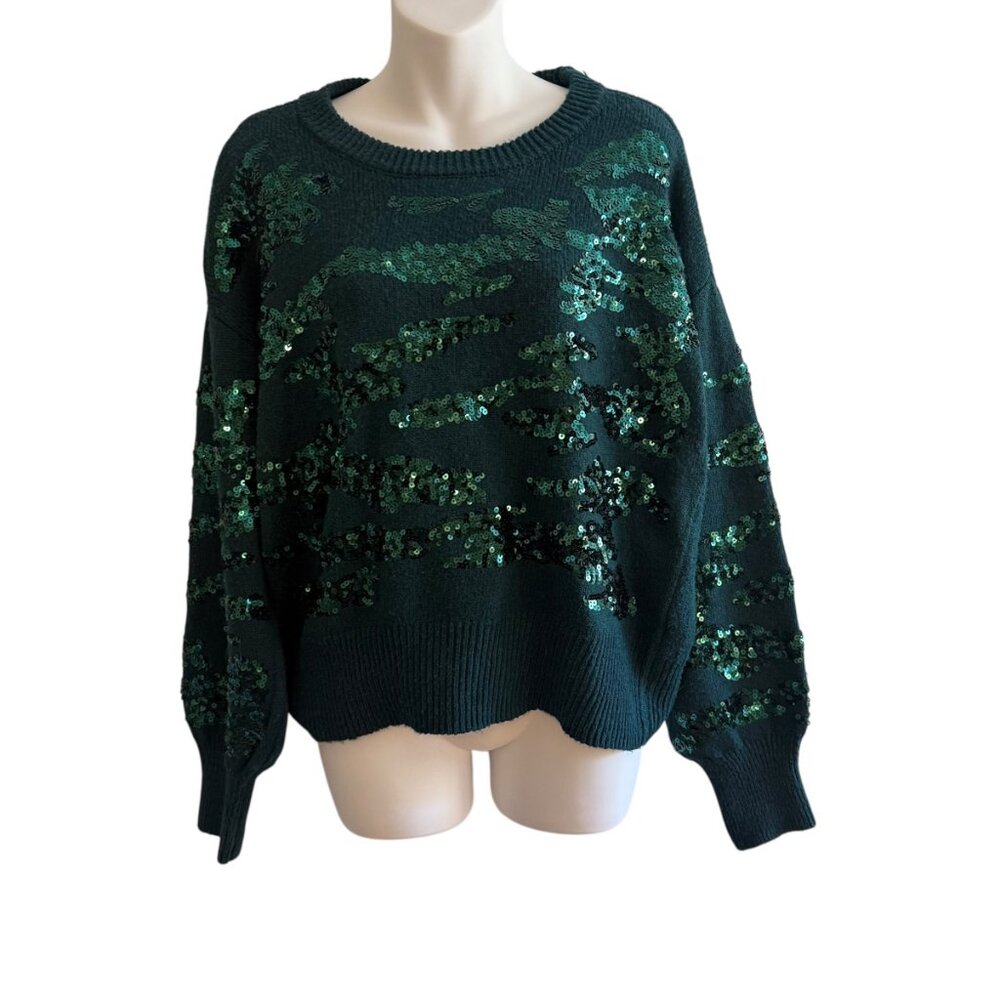 Nine West Forest Green Sequin Sweater | Holiday Glam | Size M - Picture 3 of 10